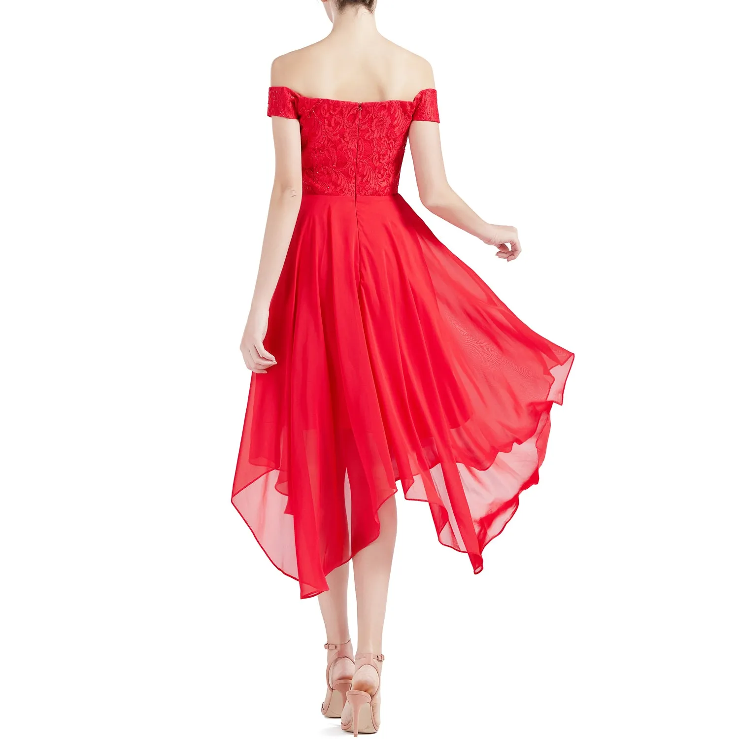 MACloth Women Hi Lo Off Shoulder Lace Beaded Wedding Bridesmaid Dresses MoH