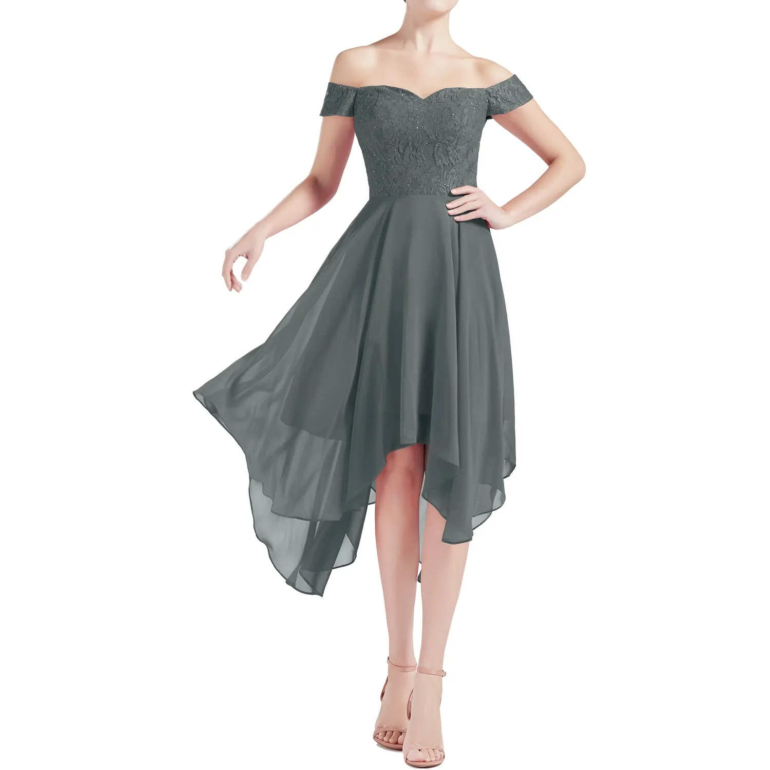 MACloth Women Hi Lo Off Shoulder Lace Beaded Wedding Bridesmaid Dresses MoH
