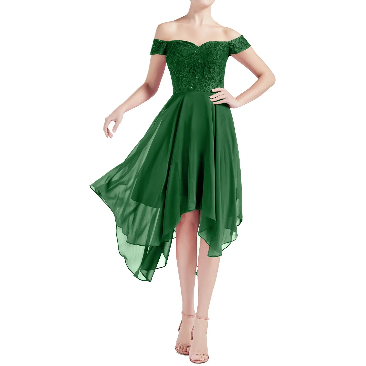 MACloth Women Hi Lo Off Shoulder Lace Beaded Wedding Bridesmaid Dresses MoH