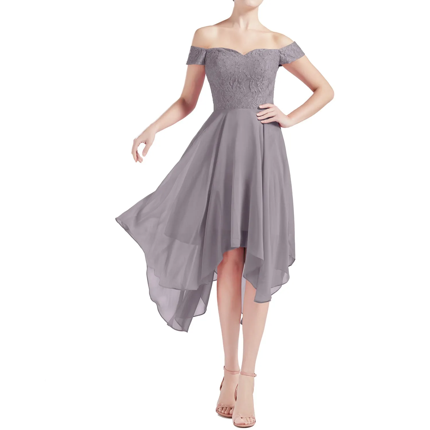 MACloth Women Hi Lo Off Shoulder Lace Beaded Wedding Bridesmaid Dresses MoH