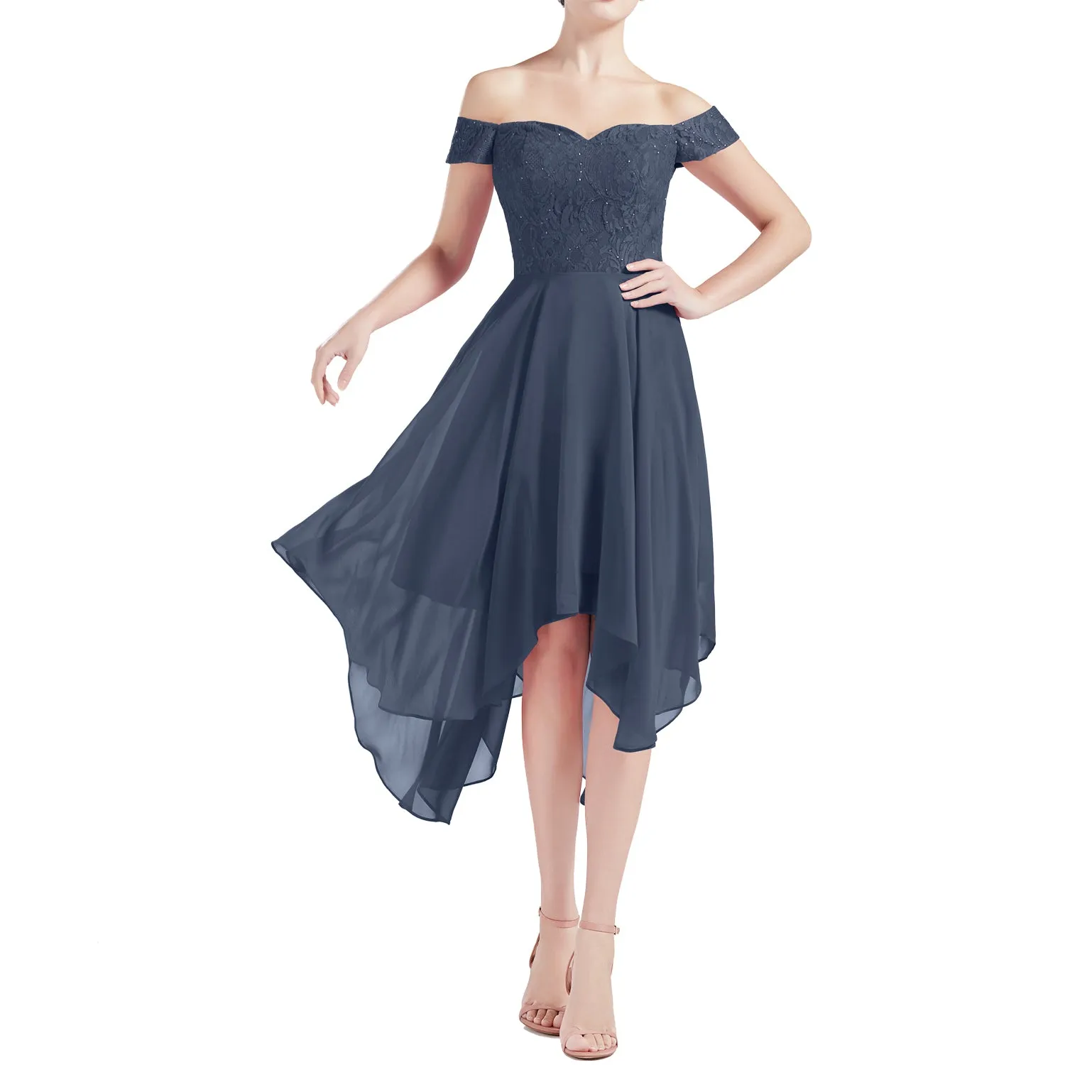 MACloth Women Hi Lo Off Shoulder Lace Beaded Wedding Bridesmaid Dresses MoH