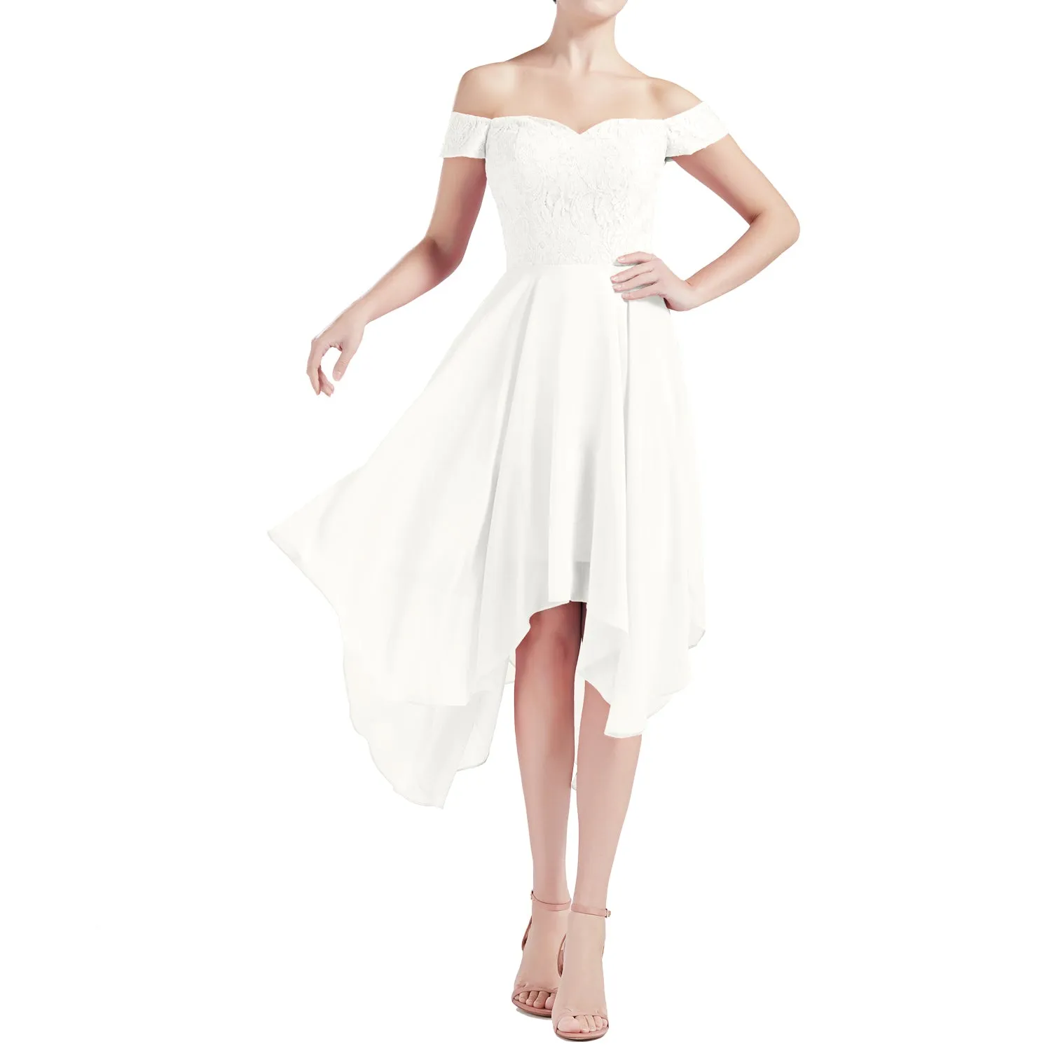 MACloth Women Hi Lo Off Shoulder Lace Beaded Wedding Bridesmaid Dresses MoH
