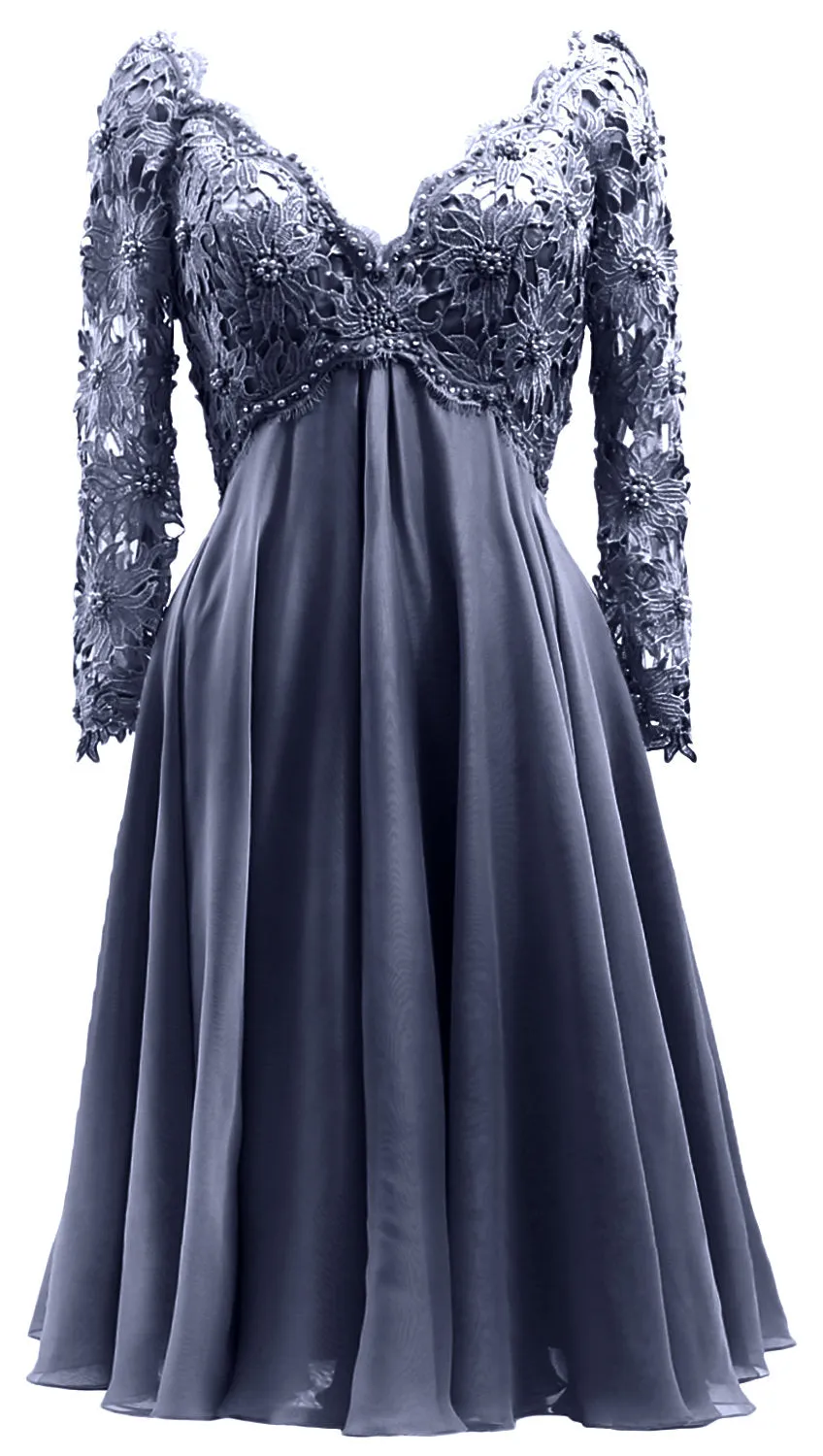 MACloth Women Long Sleeves Short Mother  Bride Dresses V Neck Cocktail Party