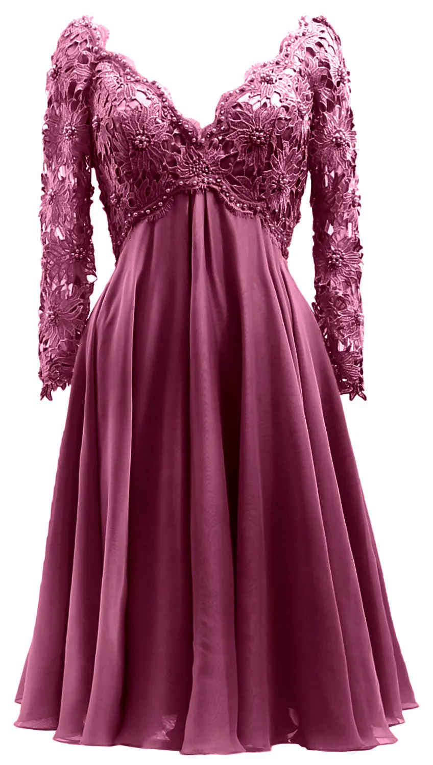 MACloth Women Long Sleeves Short Mother  Bride Dresses V Neck Cocktail Party