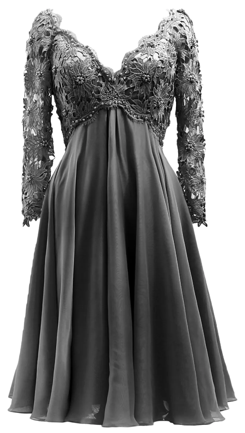 MACloth Women Long Sleeves Short Mother  Bride Dresses V Neck Cocktail Party