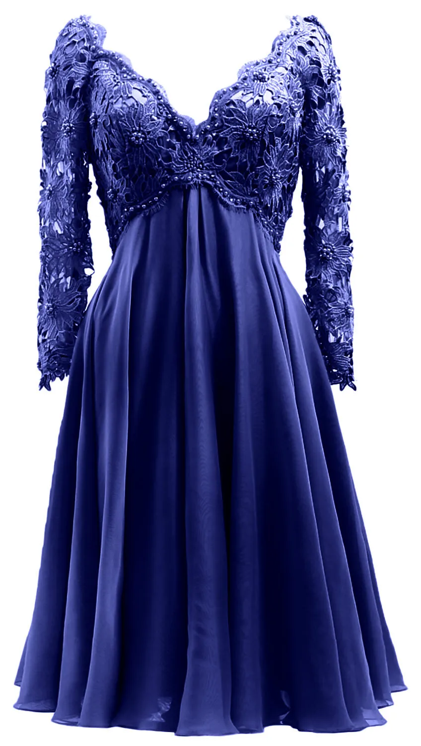 MACloth Women Long Sleeves Short Mother  Bride Dresses V Neck Cocktail Party