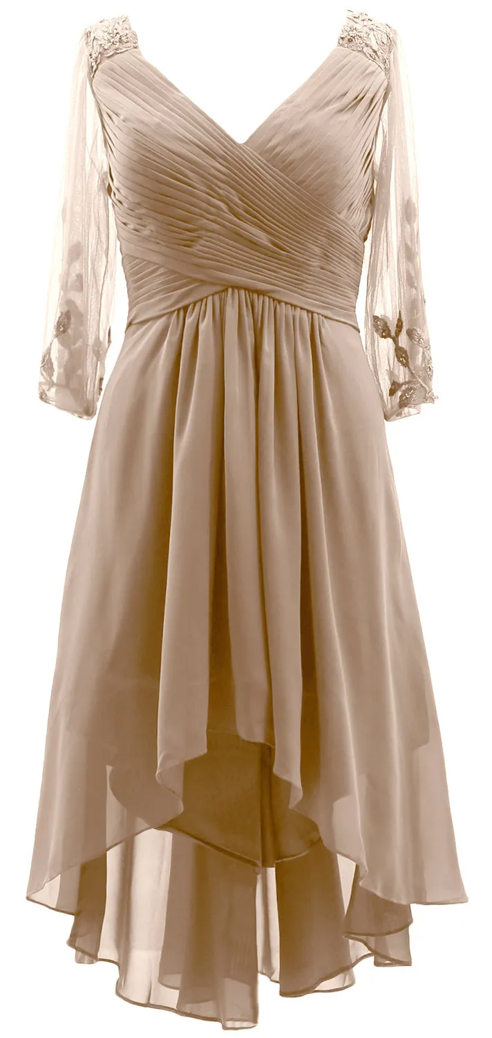 MACloth Women Neck High Low Mother of Bride Dresses V Evening Gown with Sleeves