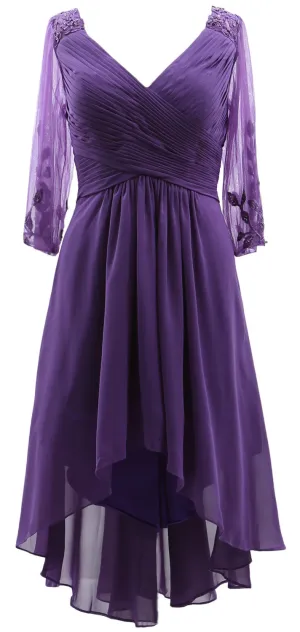 MACloth Women Neck High Low Mother of Bride Dresses V Evening Gown with Sleeves