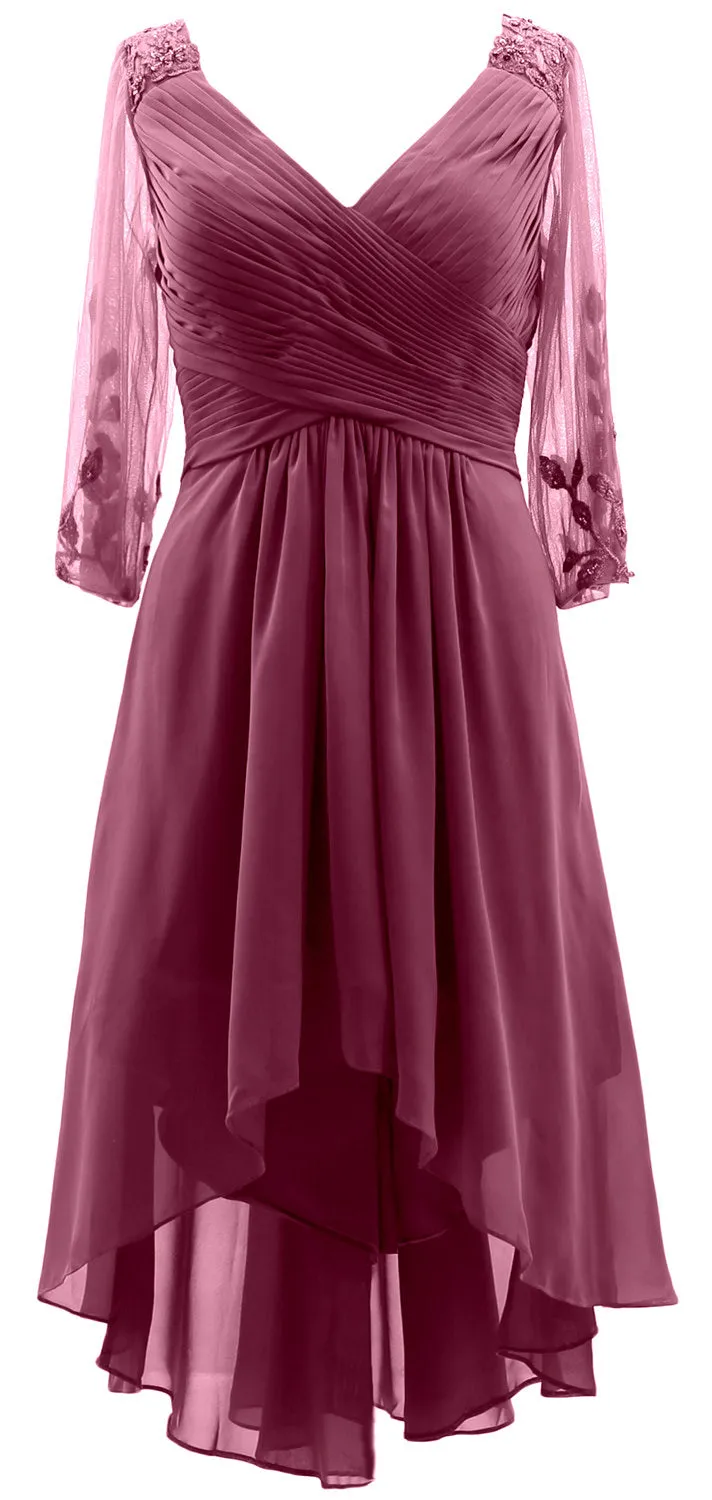 MACloth Women Neck High Low Mother of Bride Dresses V Evening Gown with Sleeves