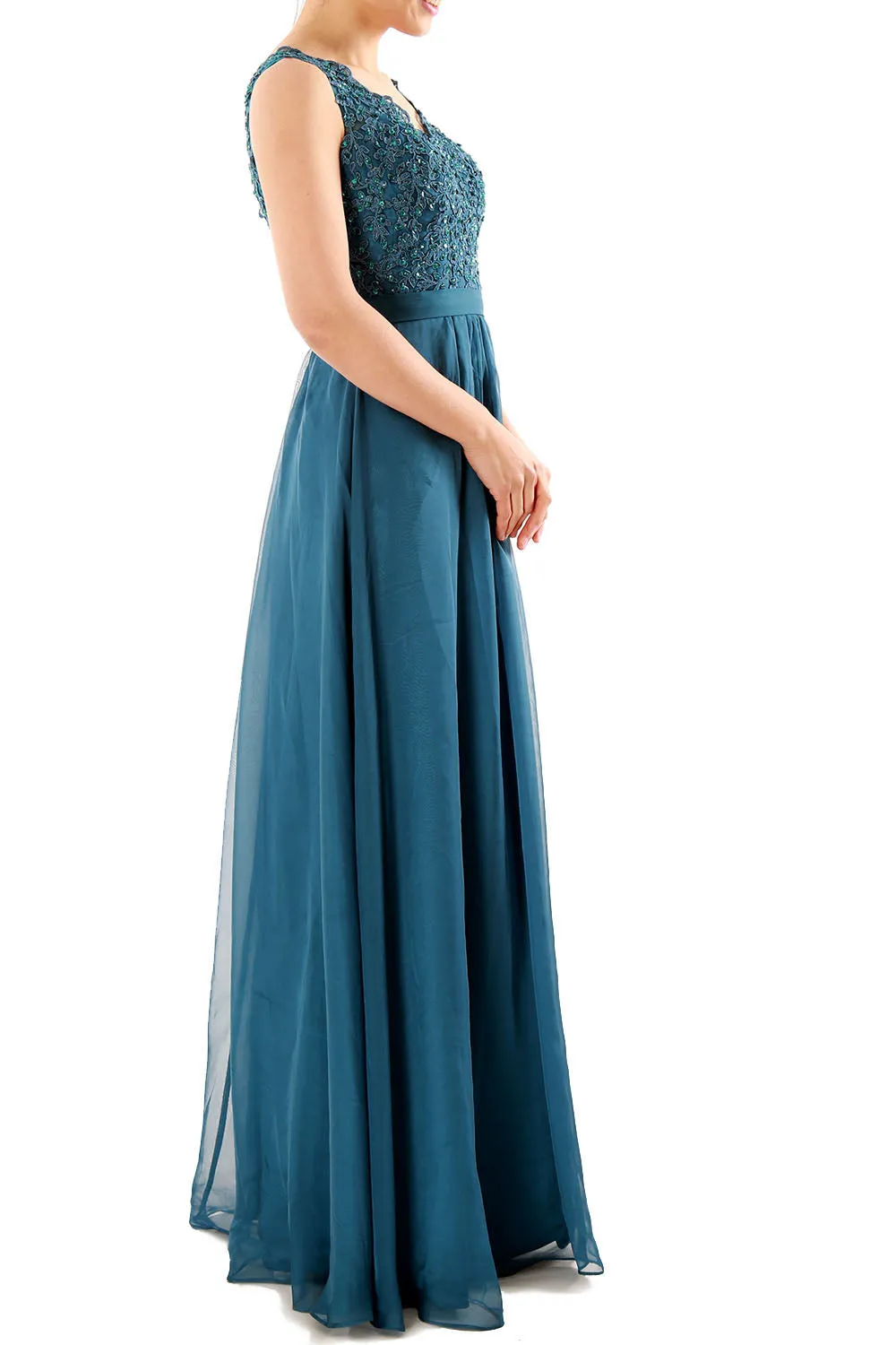 MACloth Women V Neck Lace Chiffon Long Prom Dresses Formal Party Evening Gown
