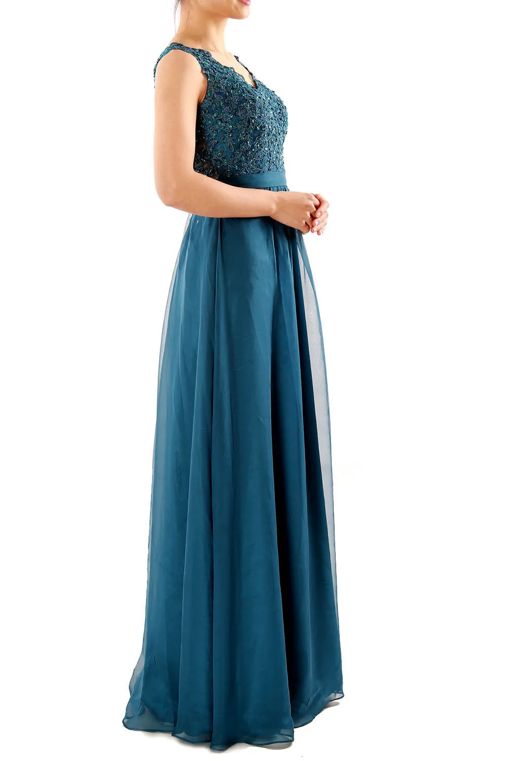 MACloth Women V Neck Lace Chiffon Long Prom Dresses Formal Party Evening Gown