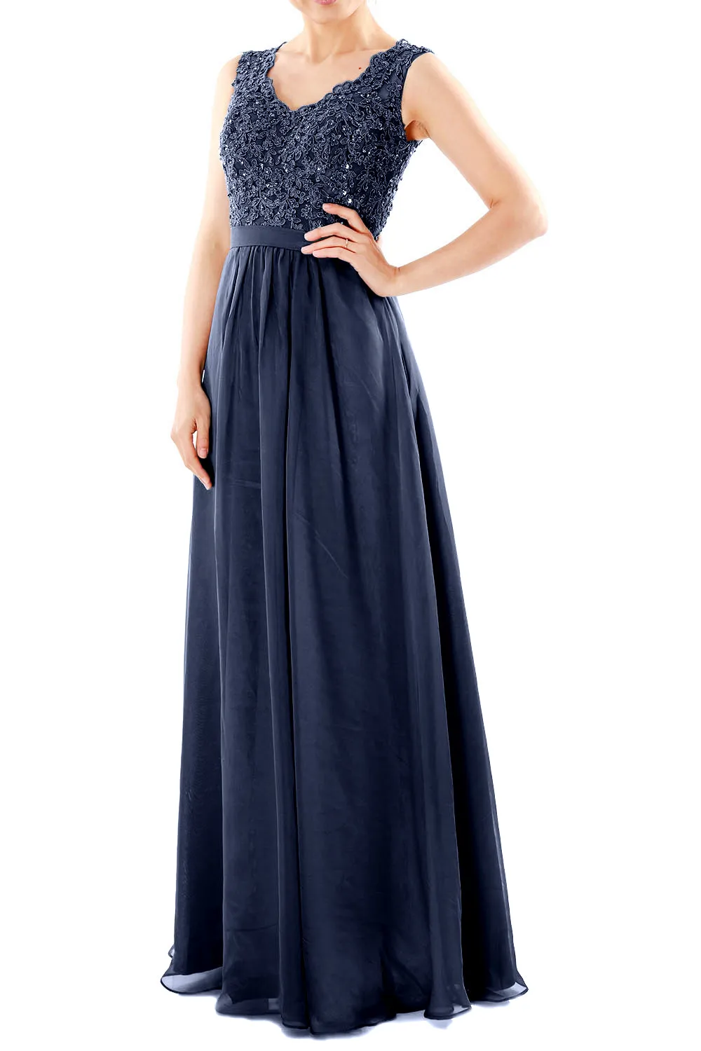 MACloth Women V Neck Lace Chiffon Long Prom Dresses Formal Party Evening Gown