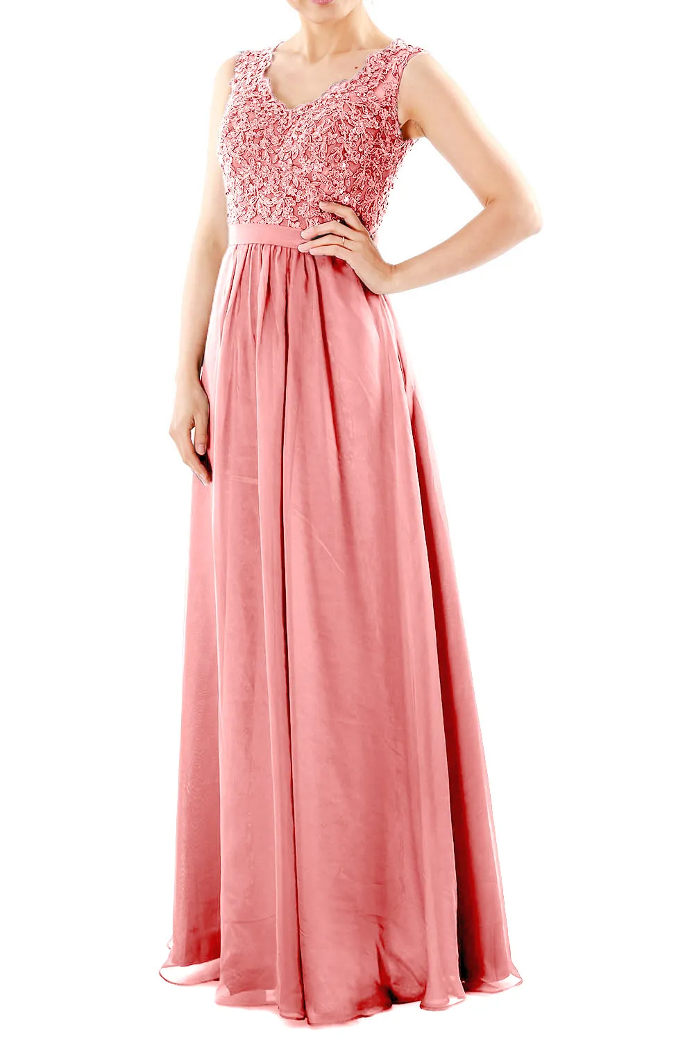 MACloth Women V Neck Lace Chiffon Long Prom Dresses Formal Party Evening Gown