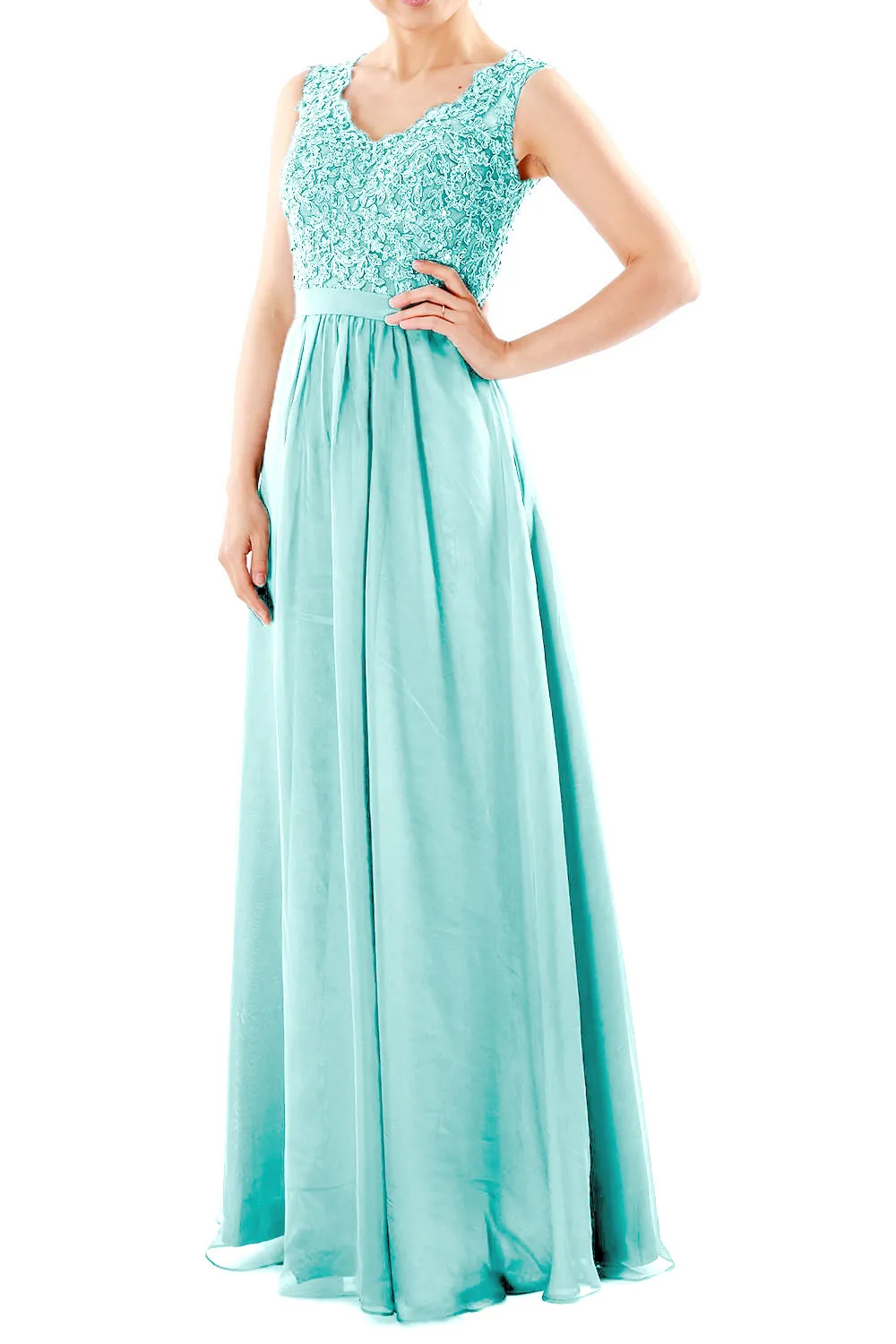 MACloth Women V Neck Lace Chiffon Long Prom Dresses Formal Party Evening Gown