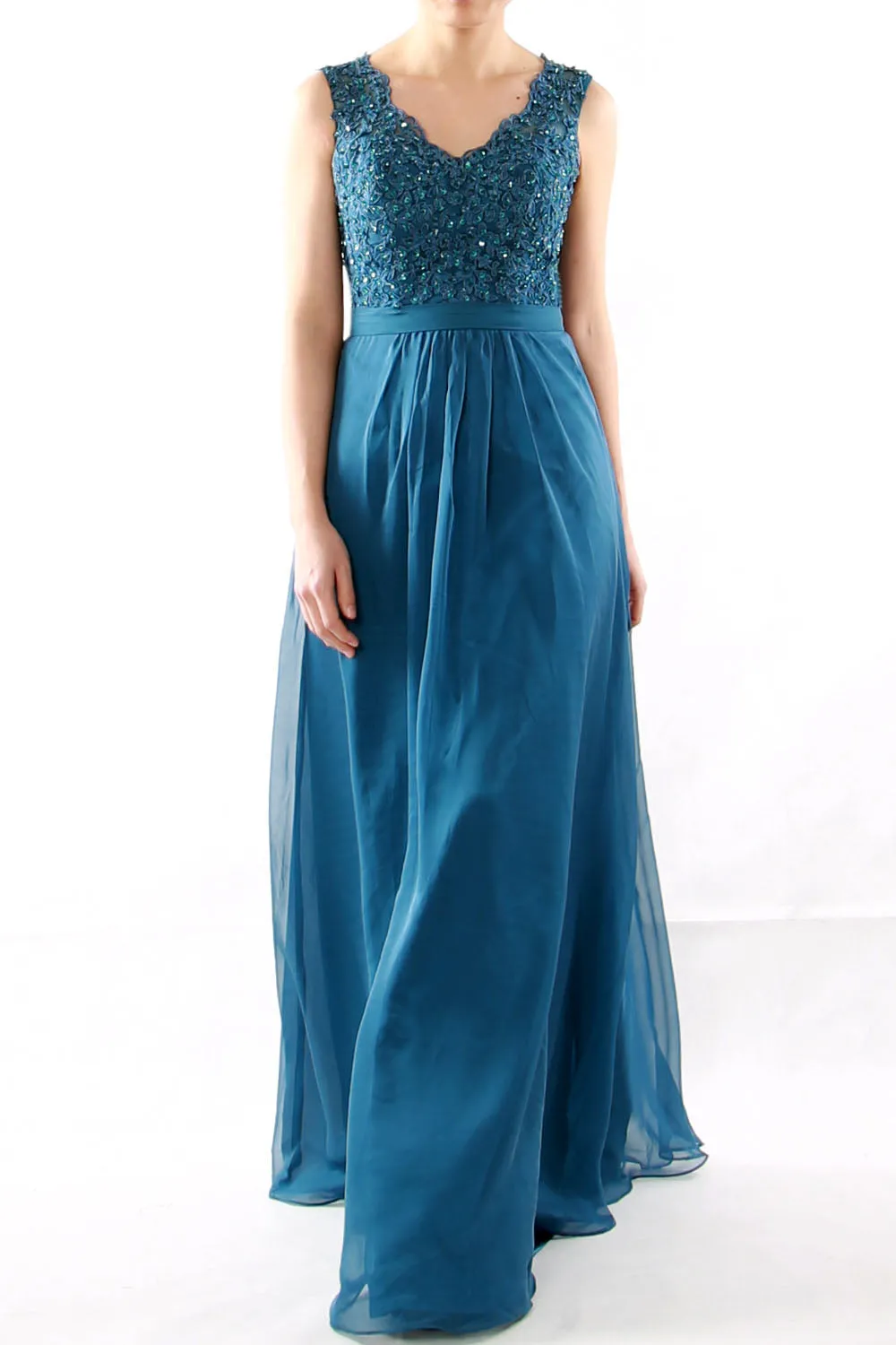 MACloth Women V Neck Lace Chiffon Long Prom Dresses Formal Party Evening Gown