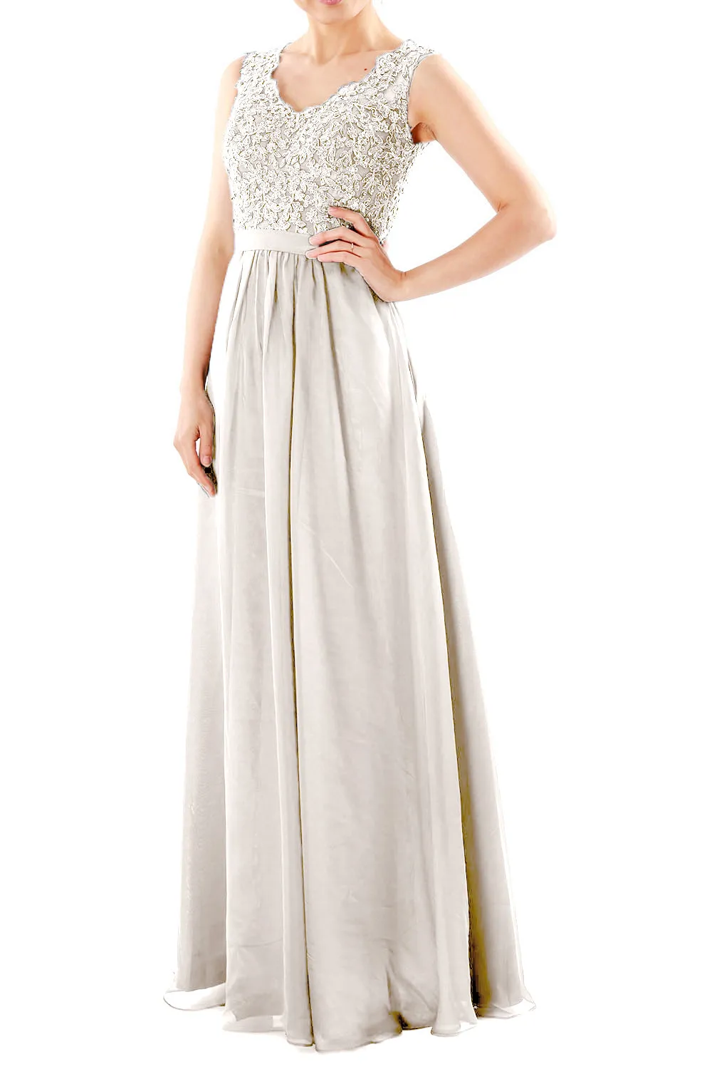 MACloth Women V Neck Lace Chiffon Long Prom Dresses Formal Party Evening Gown