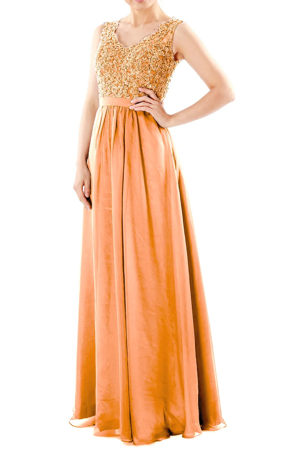 MACloth Women V Neck Lace Chiffon Long Prom Dresses Formal Party Evening Gown