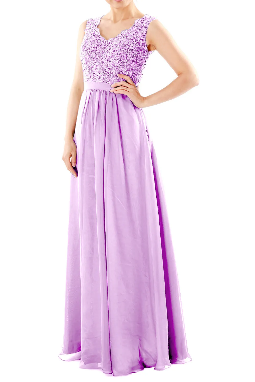MACloth Women V Neck Lace Chiffon Long Prom Dresses Formal Party Evening Gown