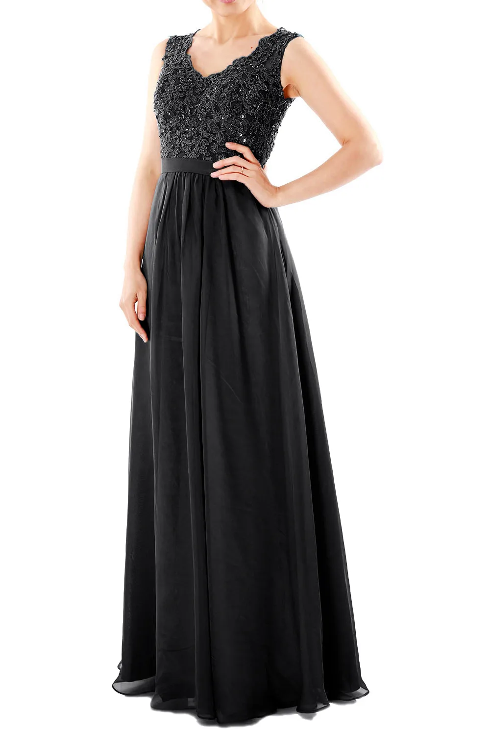 MACloth Women V Neck Lace Chiffon Long Prom Dresses Formal Party Evening Gown