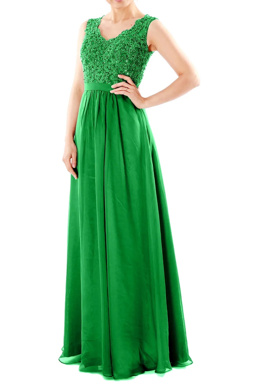 MACloth Women V Neck Lace Chiffon Long Prom Dresses Formal Party Evening Gown