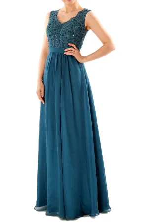 MACloth Women V Neck Lace Chiffon Long Prom Dresses Formal Party Evening Gown