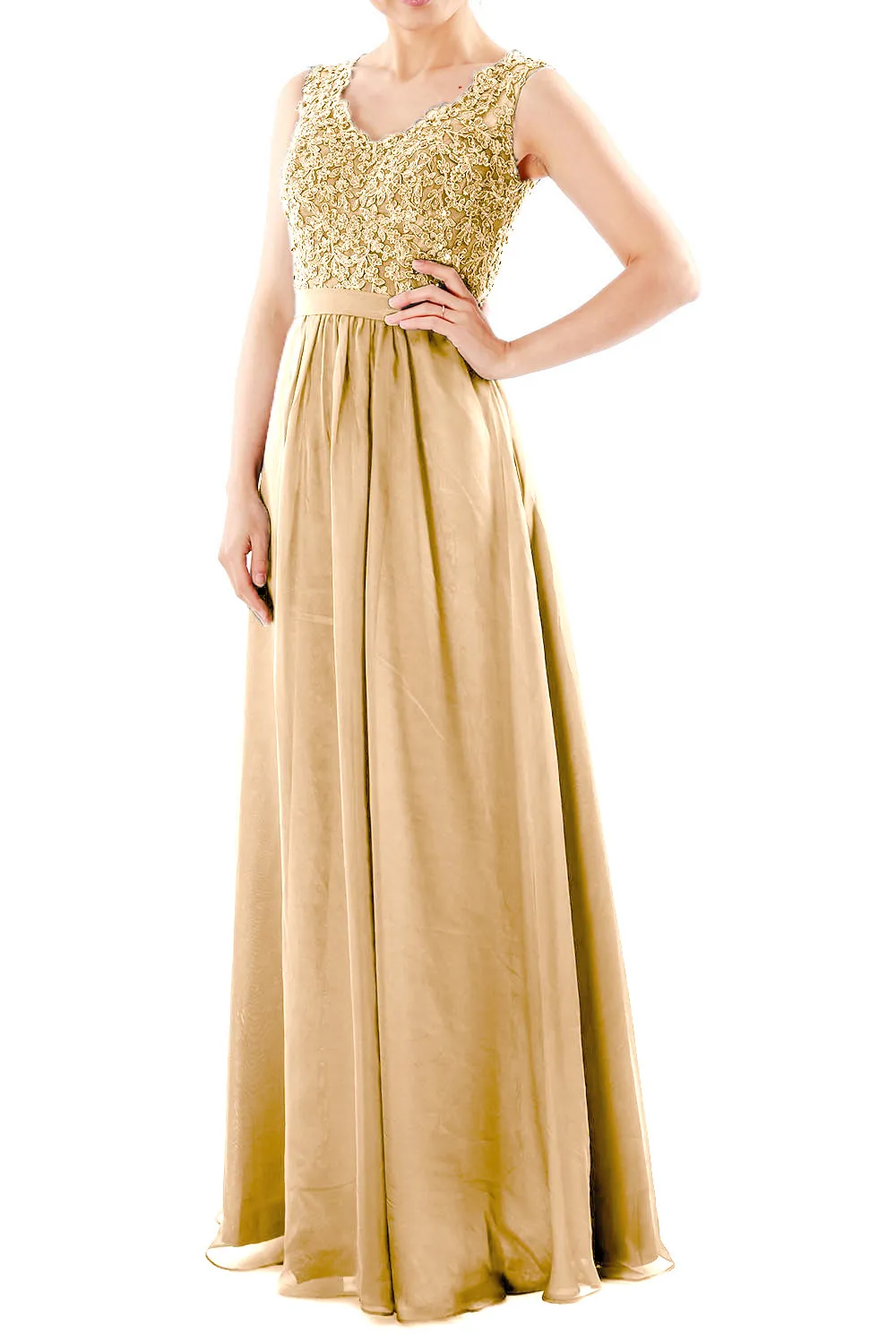 MACloth Women V Neck Lace Chiffon Long Prom Dresses Formal Party Evening Gown