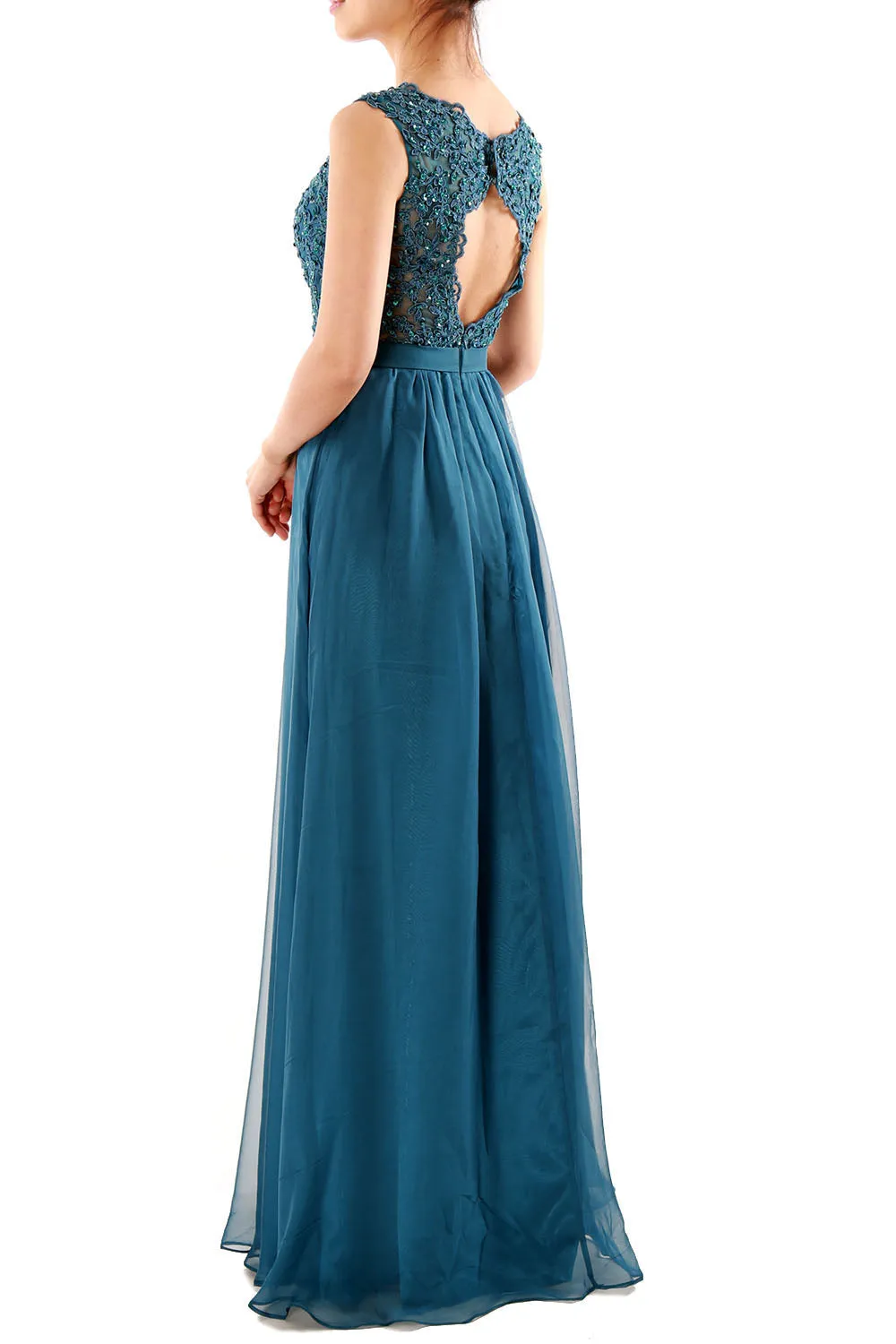 MACloth Women V Neck Lace Chiffon Long Prom Dresses Formal Party Evening Gown