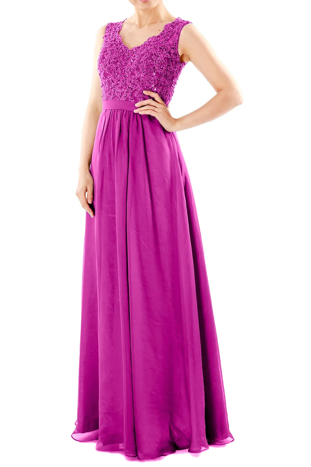 MACloth Women V Neck Lace Chiffon Long Prom Dresses Formal Party Evening Gown