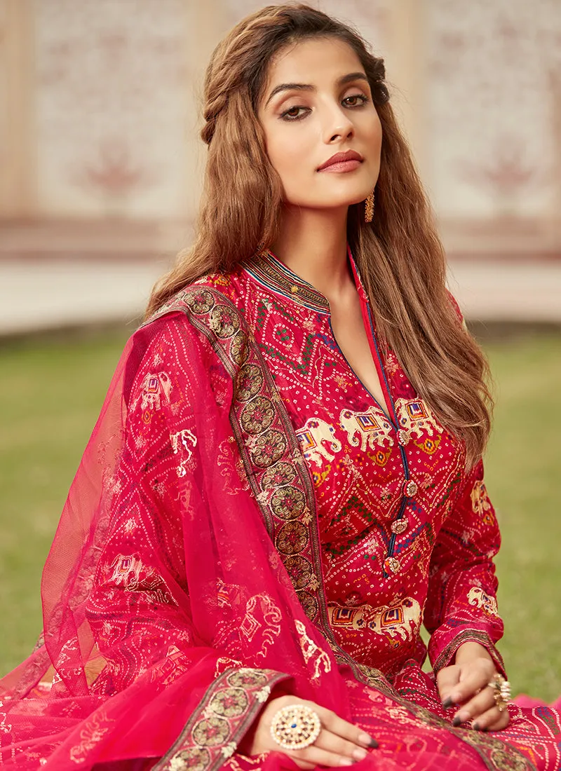 Magenta Multicoloured Ikat Prints And Embroidered Silk Anarkali Gown