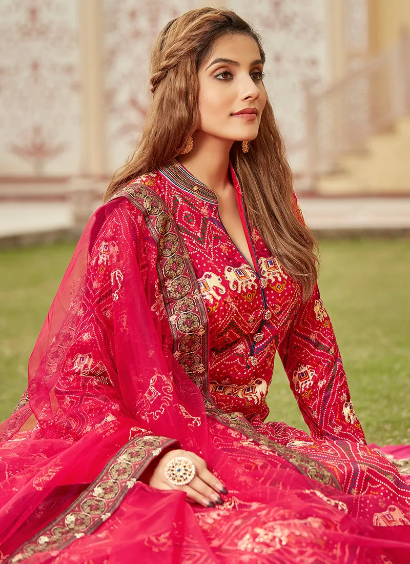 Magenta Multicoloured Ikat Prints And Embroidered Silk Anarkali Gown