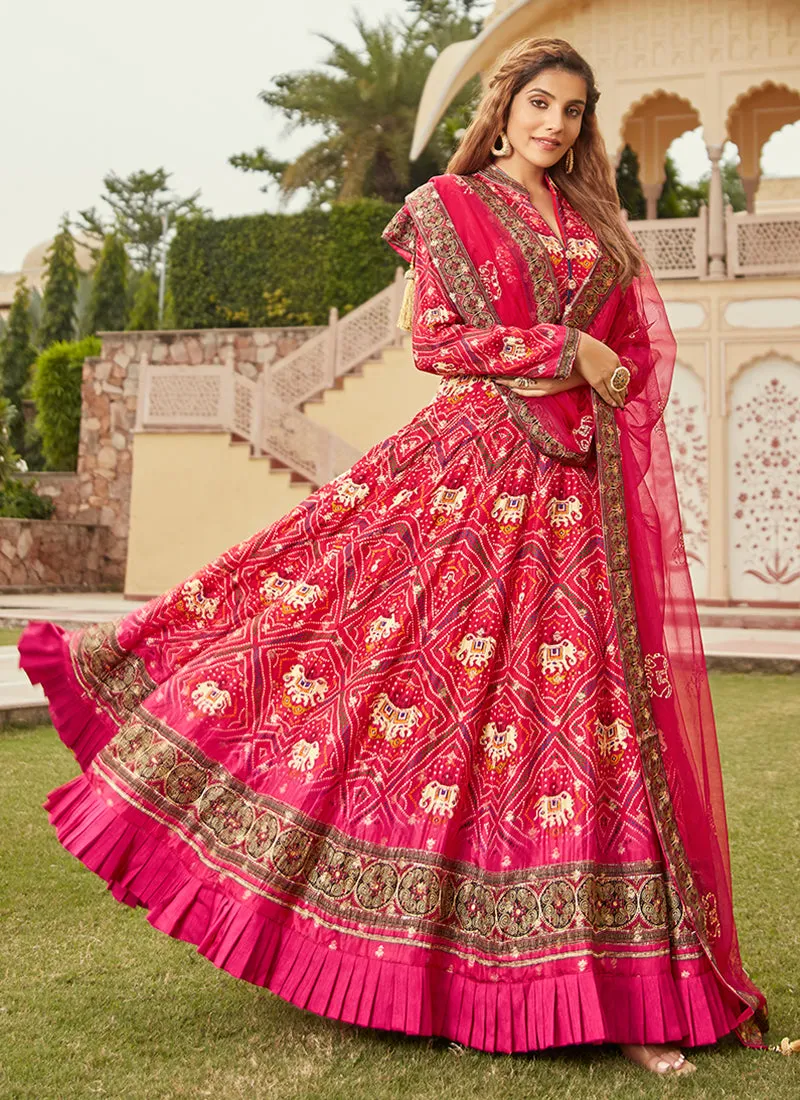 Magenta Multicoloured Ikat Prints And Embroidered Silk Anarkali Gown