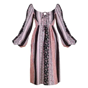 Marcela Dress / Peach   Black Cotton Floral Stripe