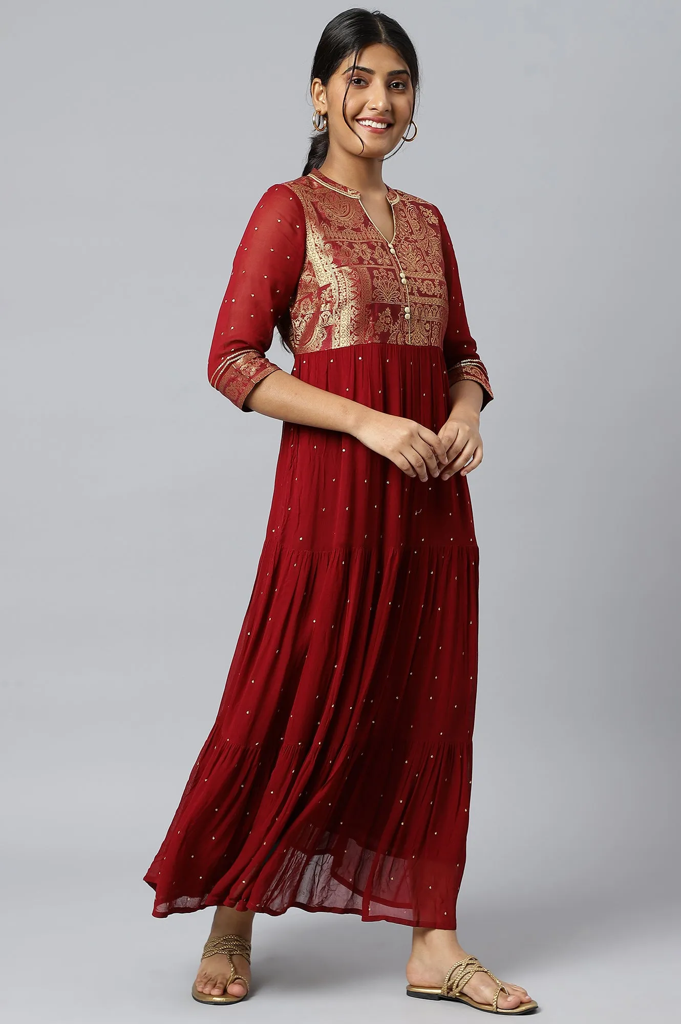 Maroon Tiered Yarn Dyed Dress