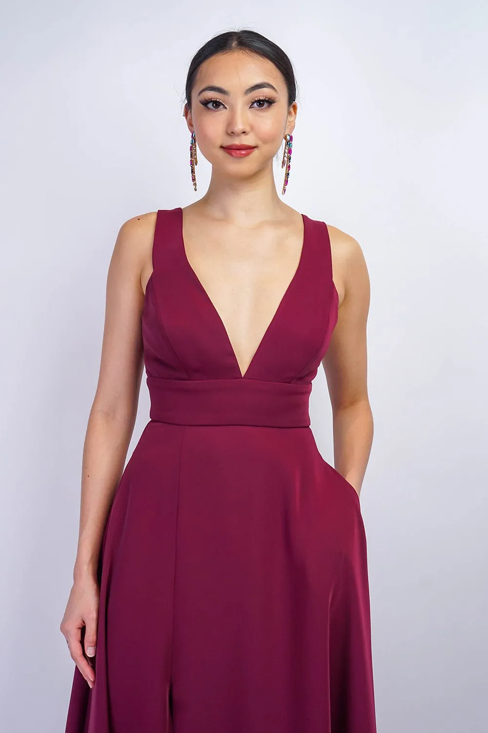 Maroon V Neck Front Slit Soraya Gown