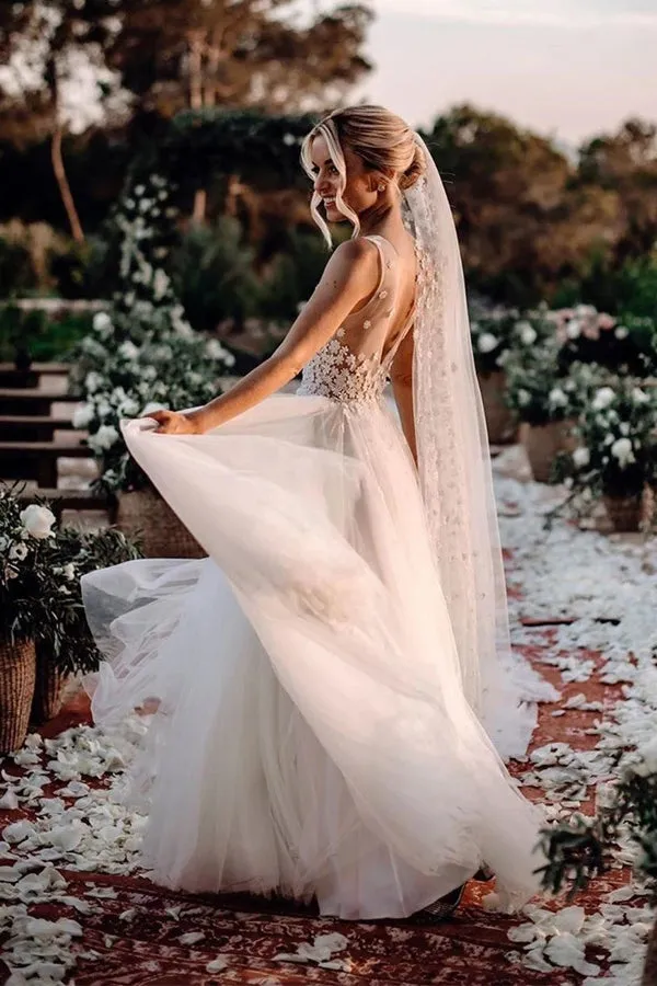 Marvelous Tulle V-neck A-line Wedding Dresses With Flowers Bridal Gowns,MW456