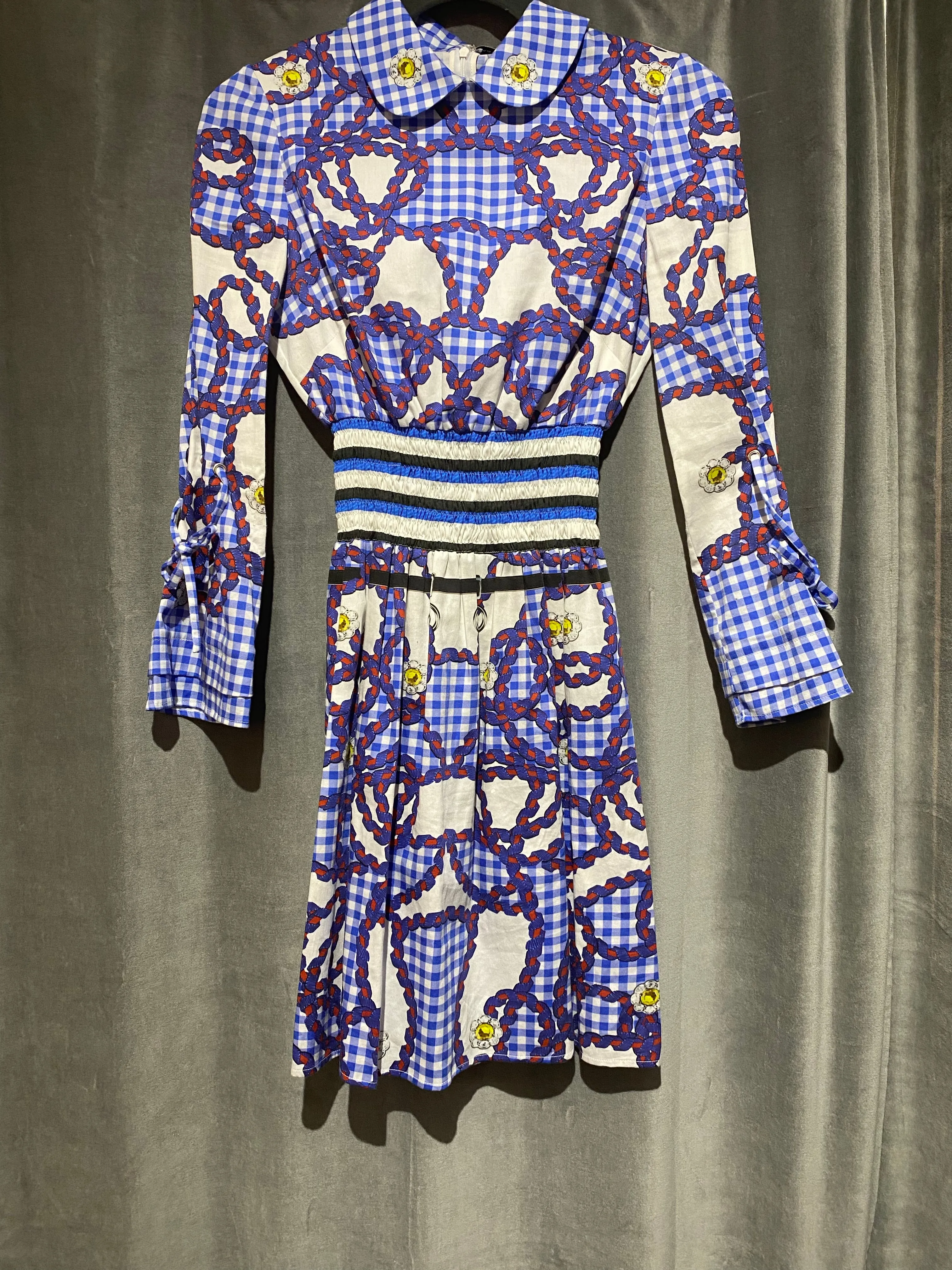 Mary Katrantzou Long Sleeve Collared Elastic Waist Dress
