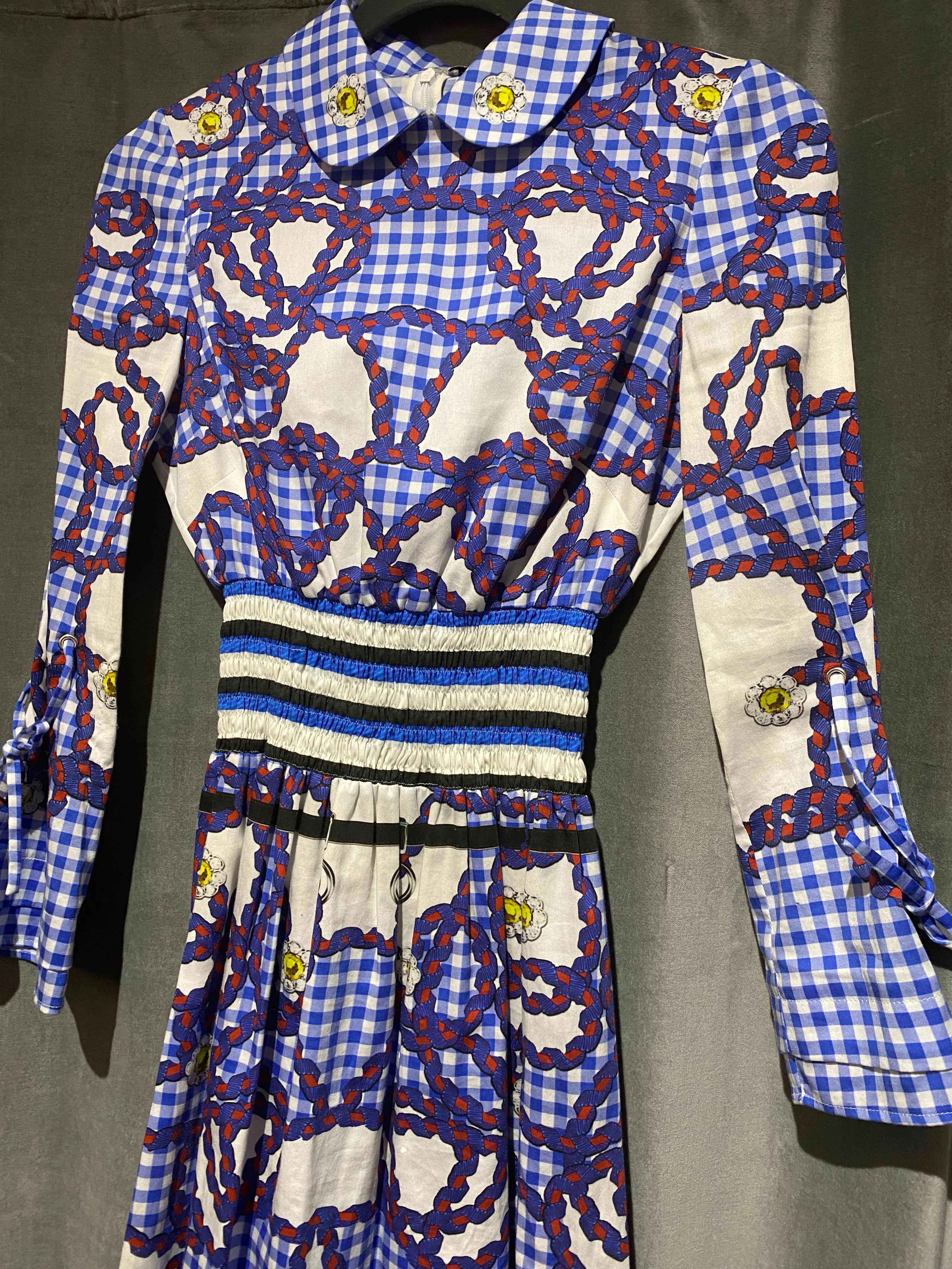 Mary Katrantzou Long Sleeve Collared Elastic Waist Dress