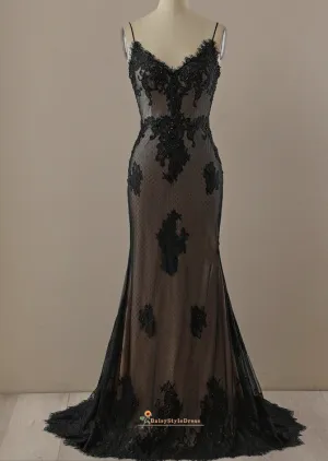 Mermaid Black Dot Tulle and Lace Evening Dress