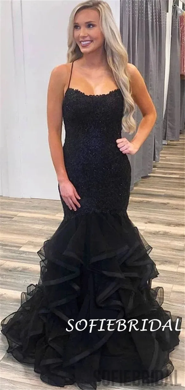 Mermaid Spaghetti Straps Bateau Neck Lace Long Tulle Prom Dress, PD1037