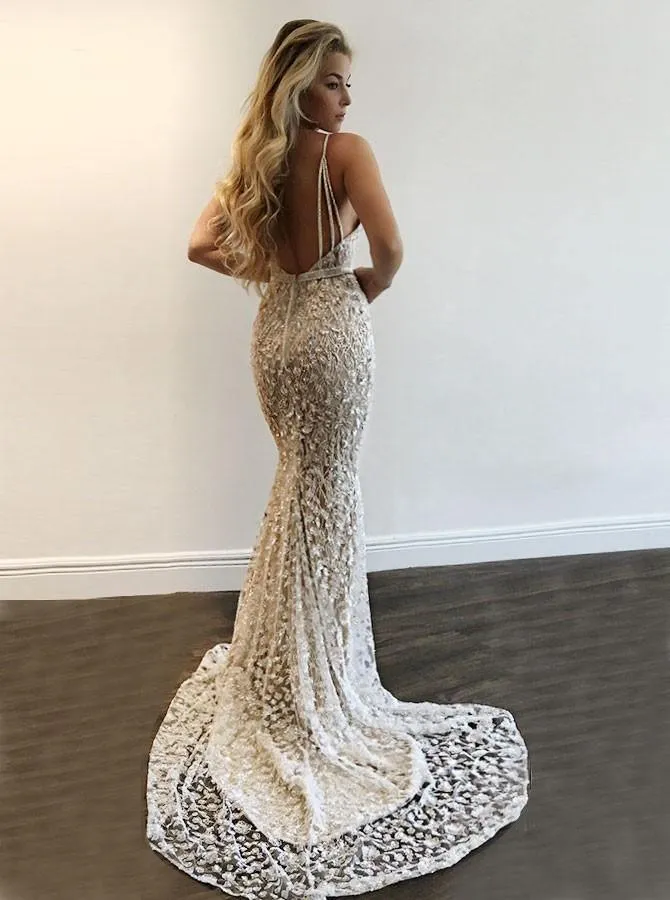 Mermaid Spaghetti Straps Prom Dress Beading Lace V-neck Prom Dress TP0889