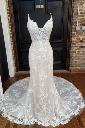 Mermaid V-neck Spaghetti Straps Wedding Dresses With Lace Appliques, MW926
