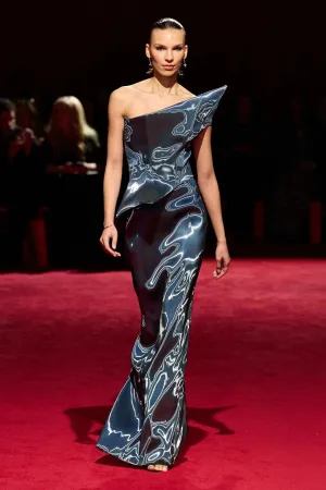 Midnight Iridescent Liquid Organza Asymmetric Structured Shoulder Peplum Gown