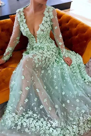 mint green lace appliqué prom dresses 2020 long sleeve deep v neck handmade flowers prom gown