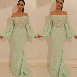 mint green lace evening dresses long flare sleeve boat neck elegant mermaid modest formal dress evening gowns