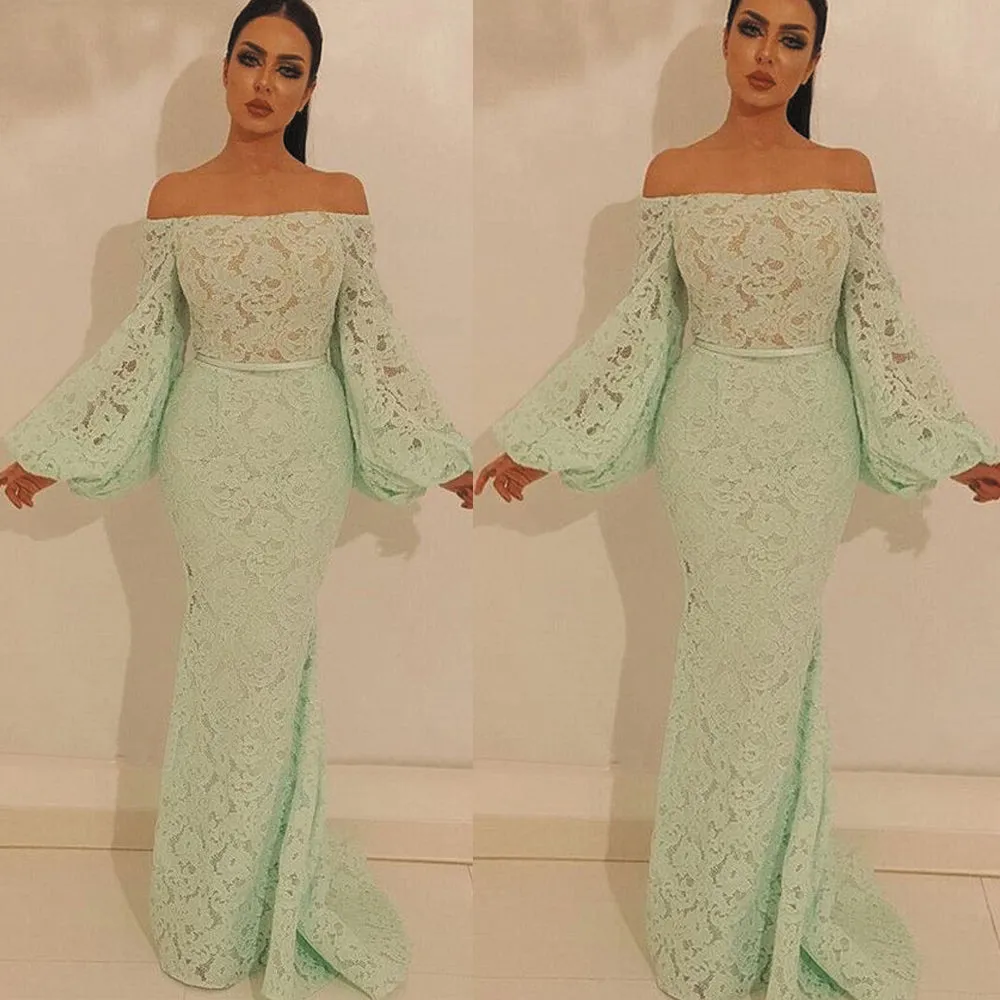 mint green lace evening dresses long flare sleeve boat neck elegant mermaid modest formal dress evening gowns