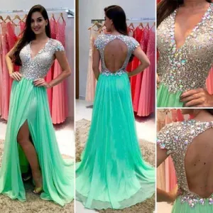 mint green prom dresses long cap sleeve deep v neck beaded chiffon a line prom gown vestido de longo