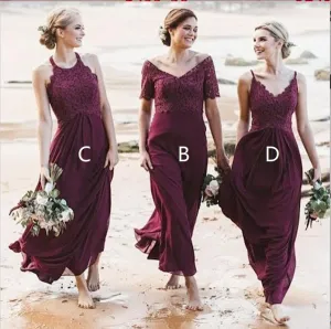 Mismatched A-Line Long Burgundy Cheap Chiffon Modest Bridesmaid Dress with Lace for Wedding guest,WG353