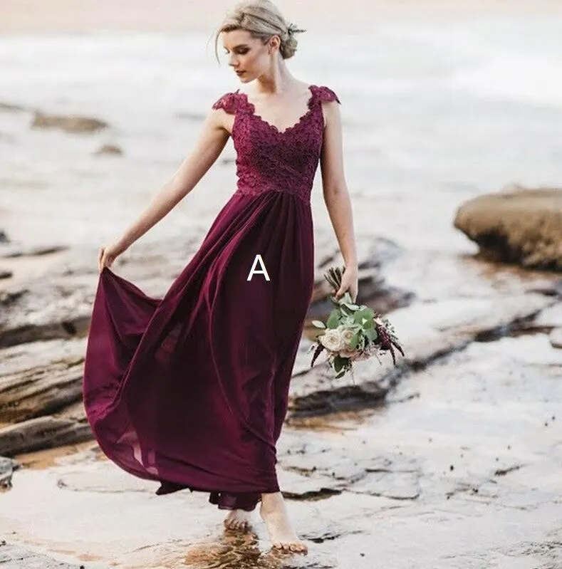 Mismatched A-Line Long Burgundy Cheap Chiffon Modest Bridesmaid Dress with Lace for Wedding guest,WG353