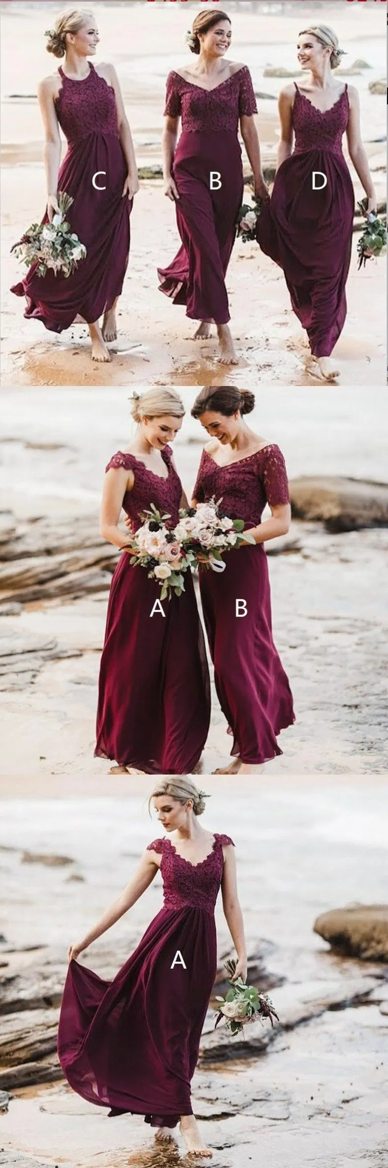 Mismatched A-Line Long Burgundy Cheap Chiffon Modest Bridesmaid Dress with Lace for Wedding guest,WG353