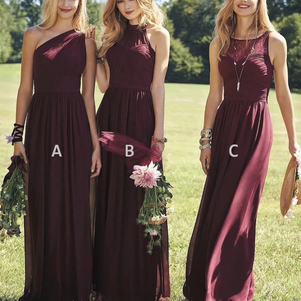 mismatched bridesmaid dresses long chiffon Burgundy cheap lace custom wedding party dress